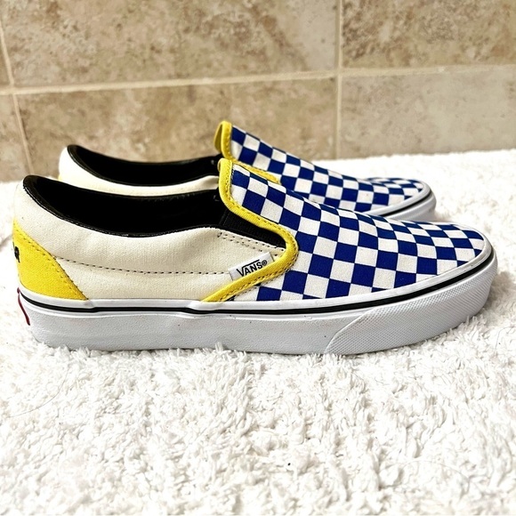 VANS Customs Team Simplr Classic Slip On Blue yellow Checkerboard Rare women’s 7 - Picture 2 of 9
